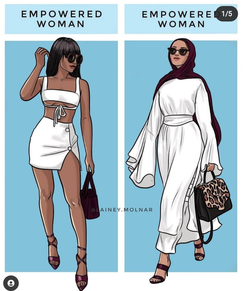 Woman in miniskirt next to woman in Hijab